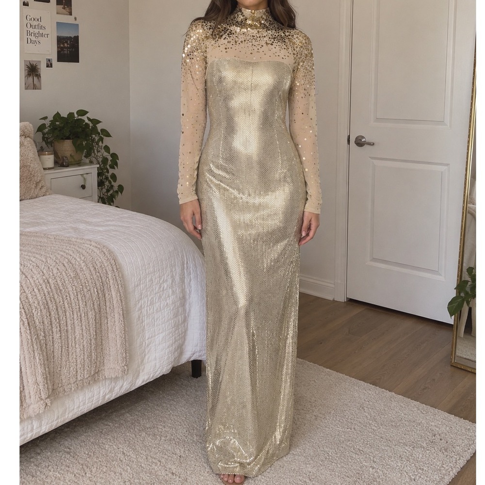 St John Couture VTG Gold Metallic Sequin Maxi Dress evening gown 6 Formal luxury